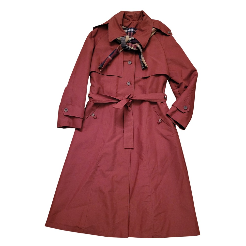 Vintage Military Trench Coat Red Belted Plaid Liner Union Made Detective 80s